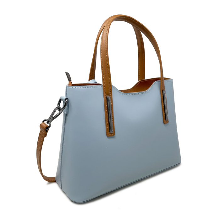 Chicca Borse - Borsa a Mano Donna in Vera Pelle - Colore Cielo - Cuoio
