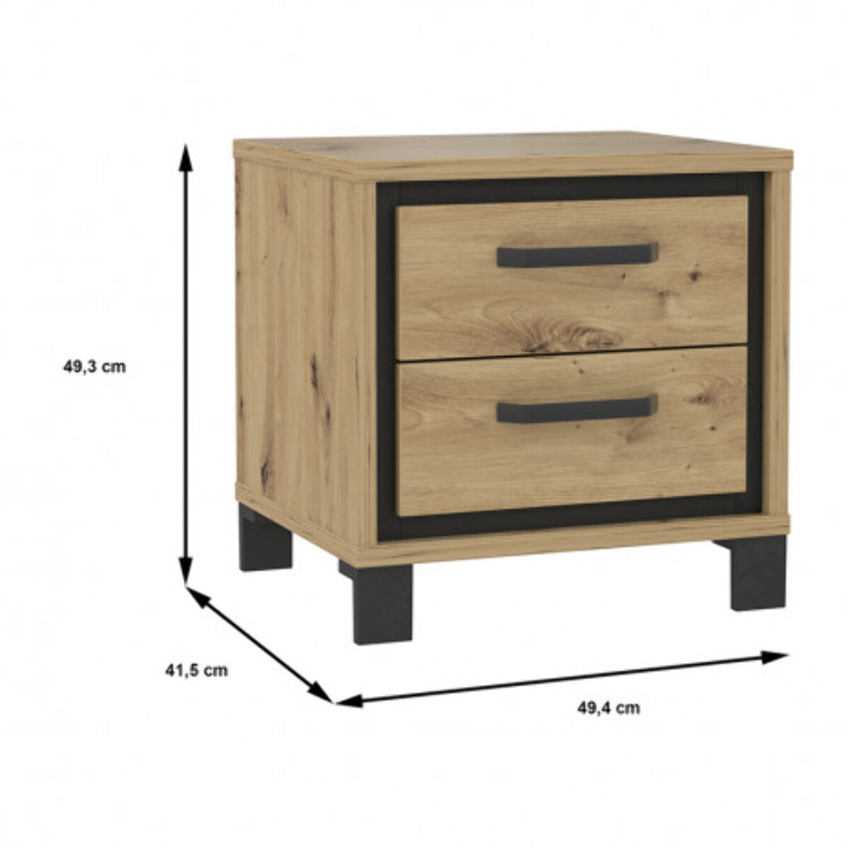 Table de chevet 2 tiroirs en bois chêne et métal noir - IBIZA