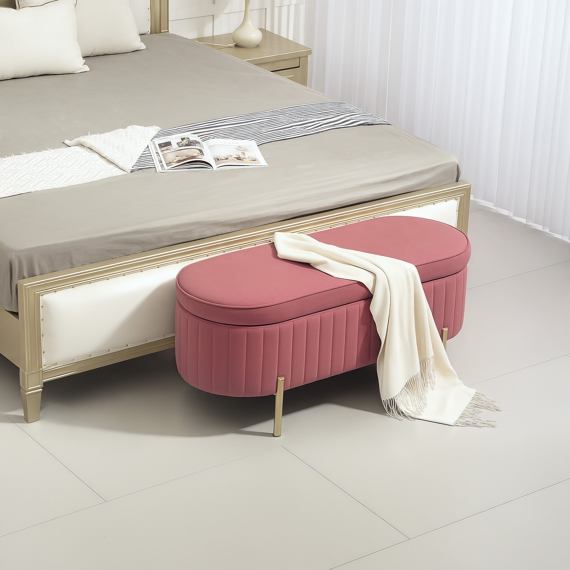 Banco Pie de Cama Tapizado en Terciopelo Puff Almacenaje con Espacio de Almacenaje y Patas Doradas Banqueta para Dormitorio Entrada 108x44x43,5 cm Rosa