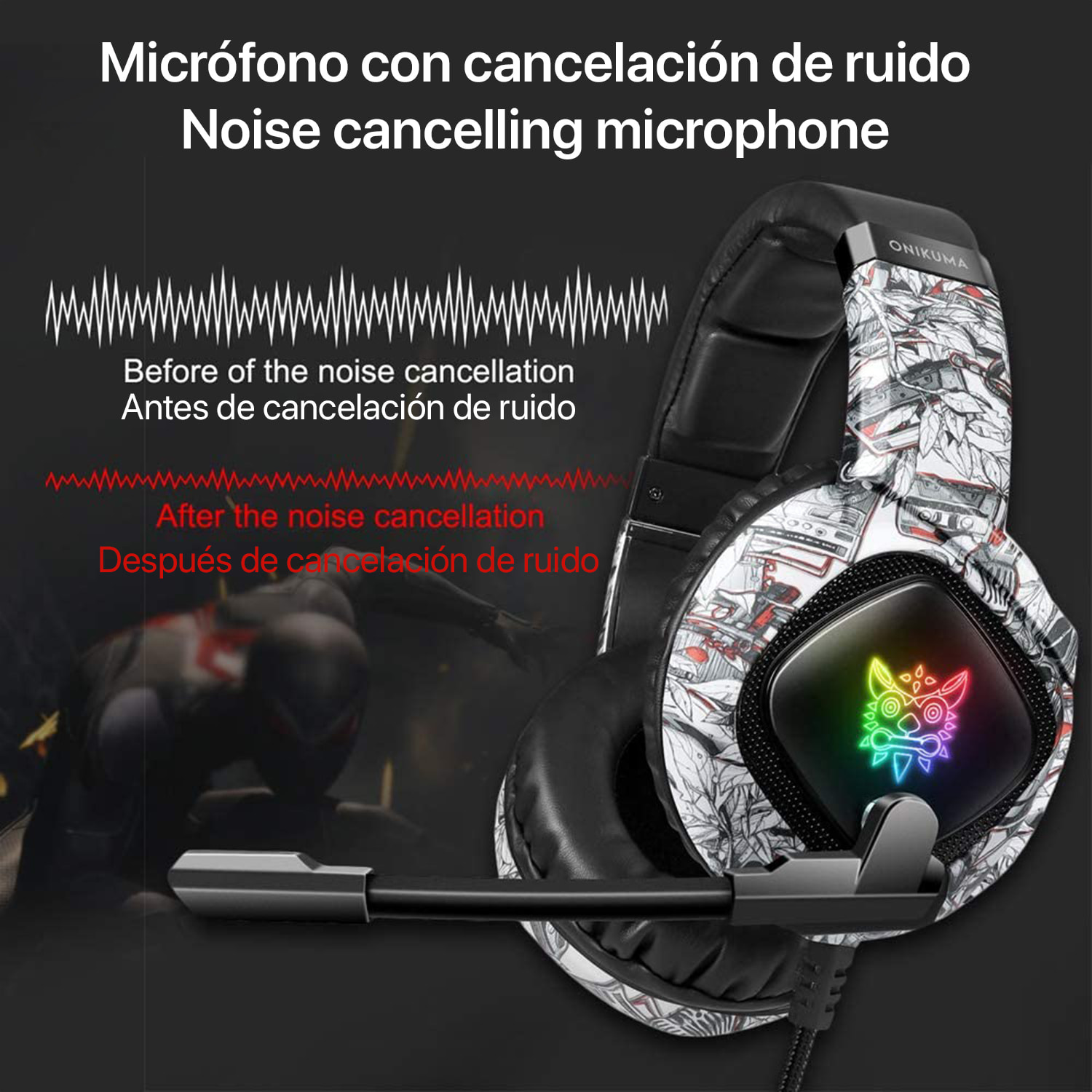 Cuffie Onikuma K19. Cuffie da gioco con microfono, connessione minijack, luci LED. PC, PS4, Xbox One, cellulare, tablet.