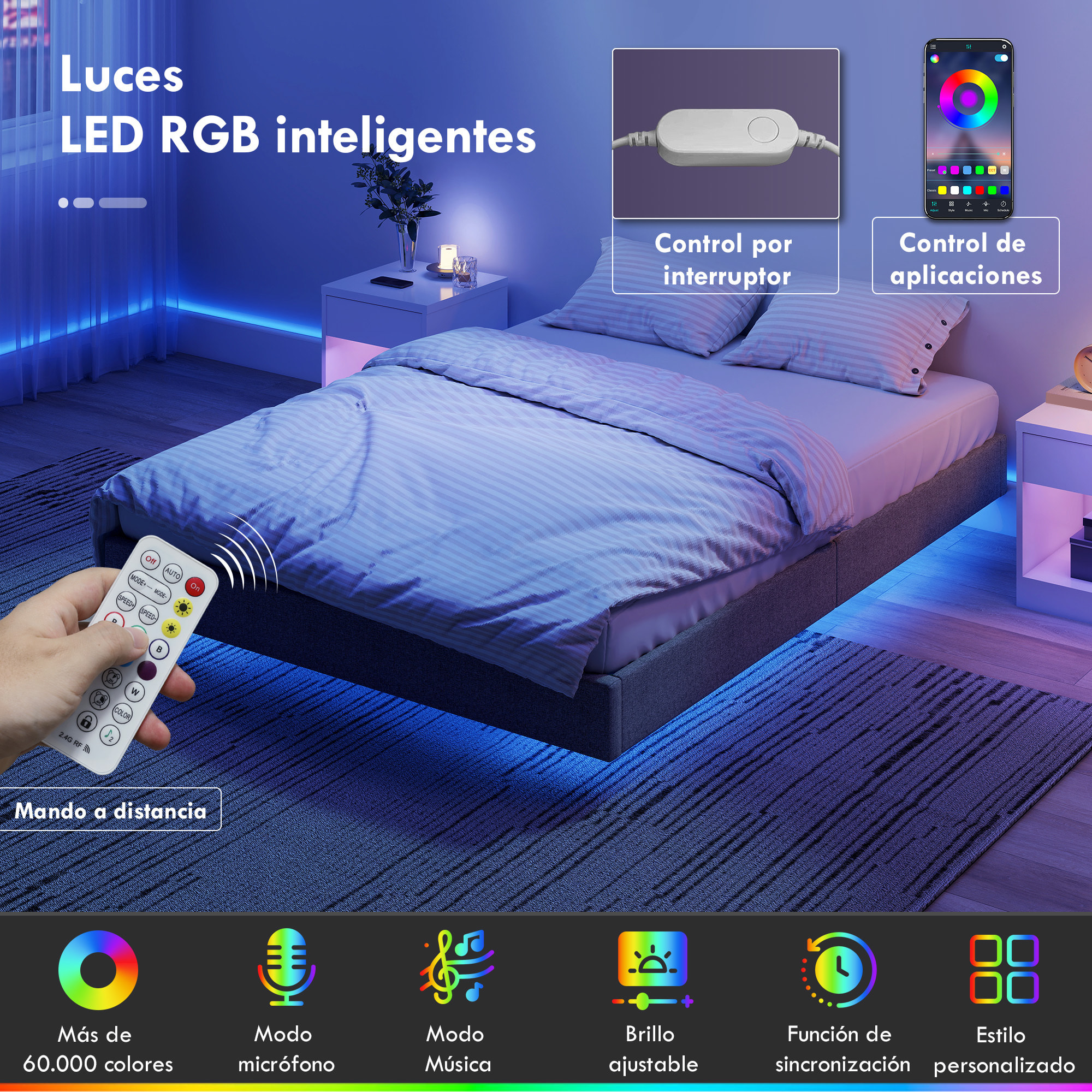 Somier Flotante 140x190 cm con Luces LED, Estructura de Cama, Tapizado en Lino, Láminas de Madera, Silencioso, Fácil de Montar, Gris