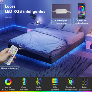 Somier Flotante 140x190 cm con Luces LED, Estructura de Cama, Tapizado en Lino, Láminas de Madera, Silencioso, Fácil de Montar, Gris