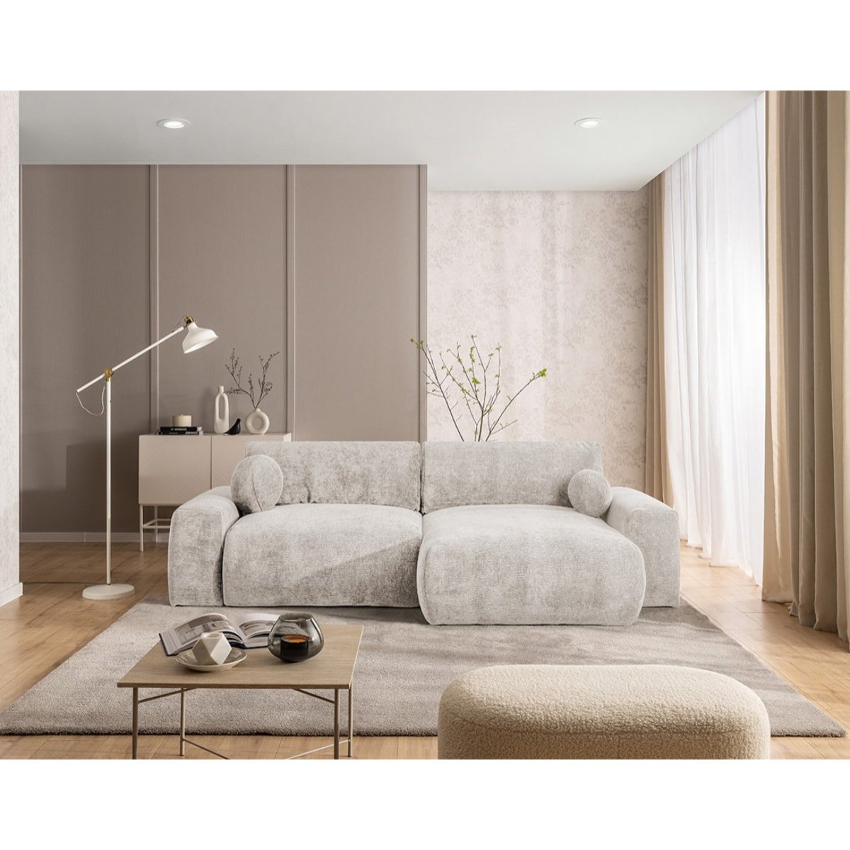 Constance - Canapé d'angle réversible 4 places convertible avec coffre en velours relief - Beige