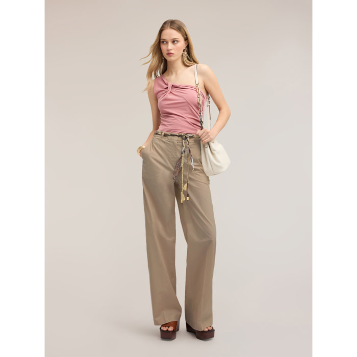 Motivi - Pantaloni palazzo in cotone con cintura - Beige
