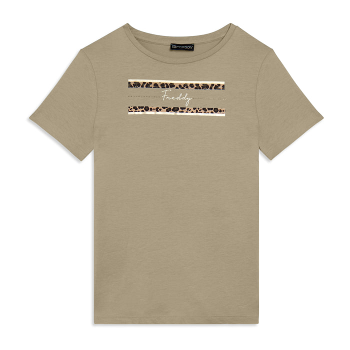 T-shirt Manica Corta con Dettagli Animalier e Borchie