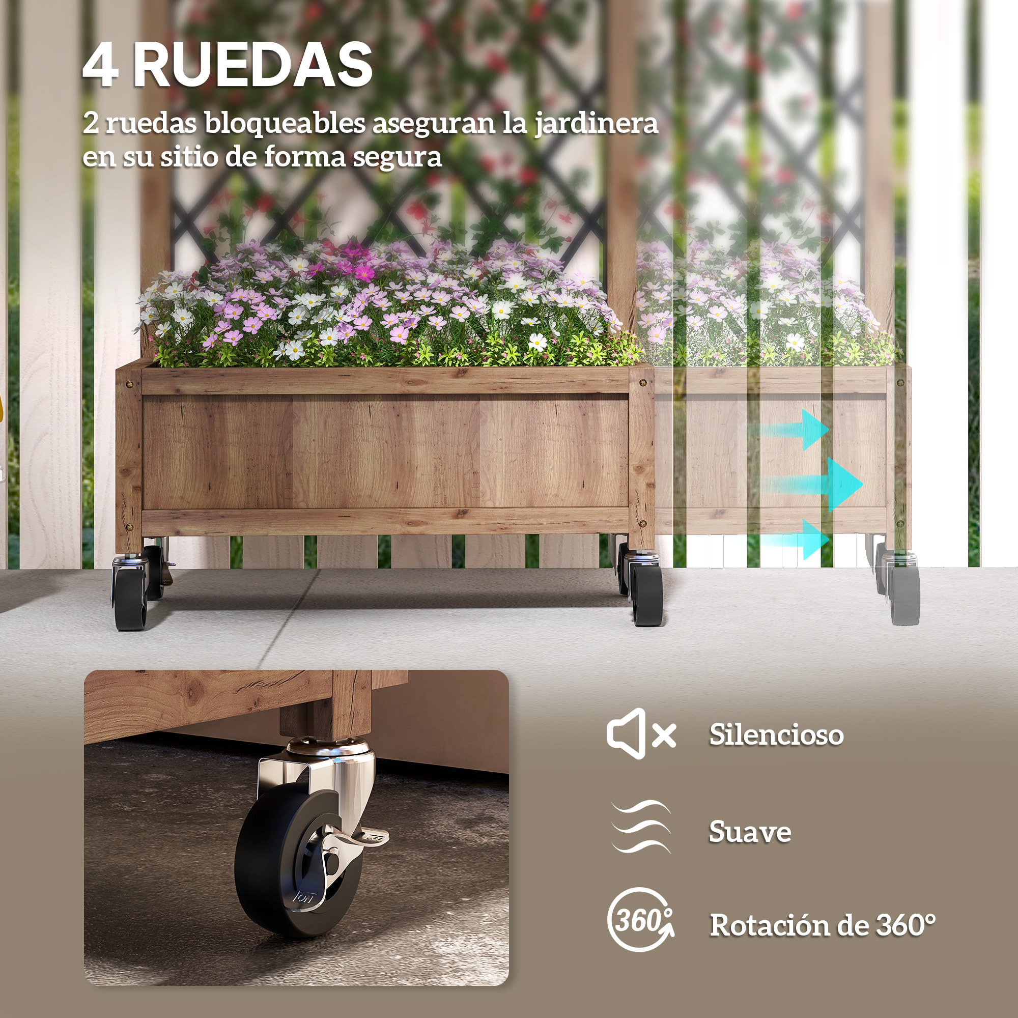 Juego de 2 Jardineras de Exterior Jardineras con Enrejado Metálico para Plantas Trepadoras Maceteros con Ruedas para Jardín Patio 52x25x97 cm Natural