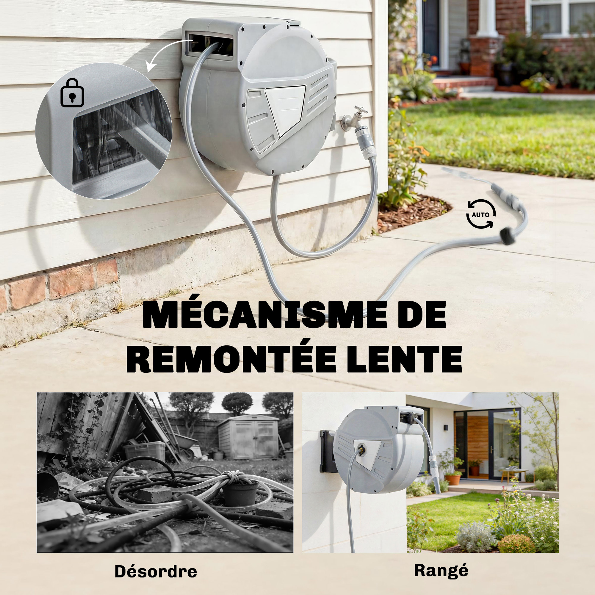 Dévidoir mural enrouleur automatique pivotant 180° tuyau 40 + 2 m avec lance arrosage 2 modes support mural intégré gris clair
