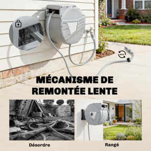 Dévidoir mural enrouleur automatique pivotant 180° tuyau 40 + 2 m avec lance arrosage 2 modes support mural intégré gris clair