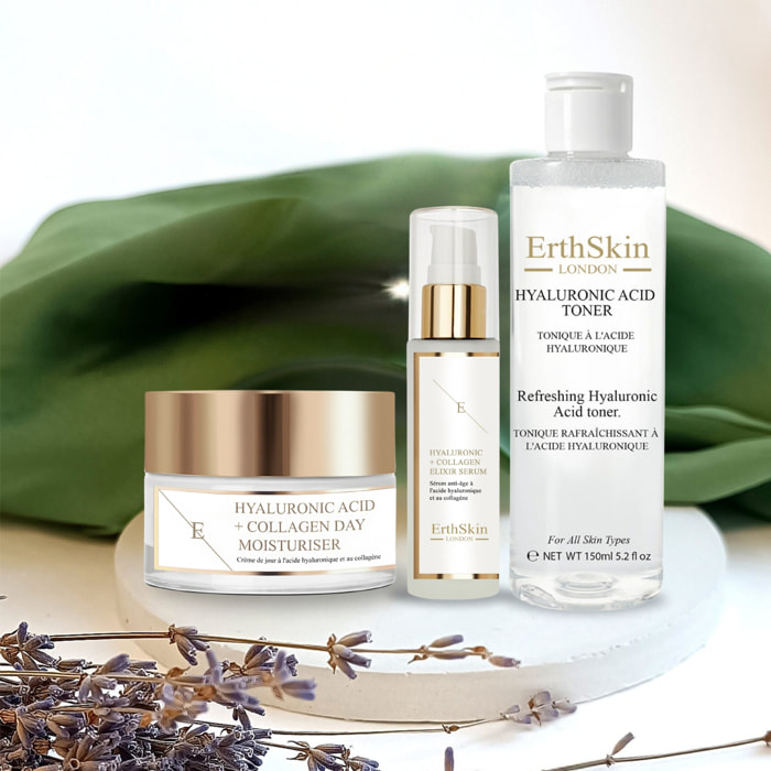 Tónico refrescante de ácido hialurónico 150 ml + Sérum de ácido hialurónico y colágeno 60 ml + Crema de día de ácido hialurónico y colágeno 50 ml