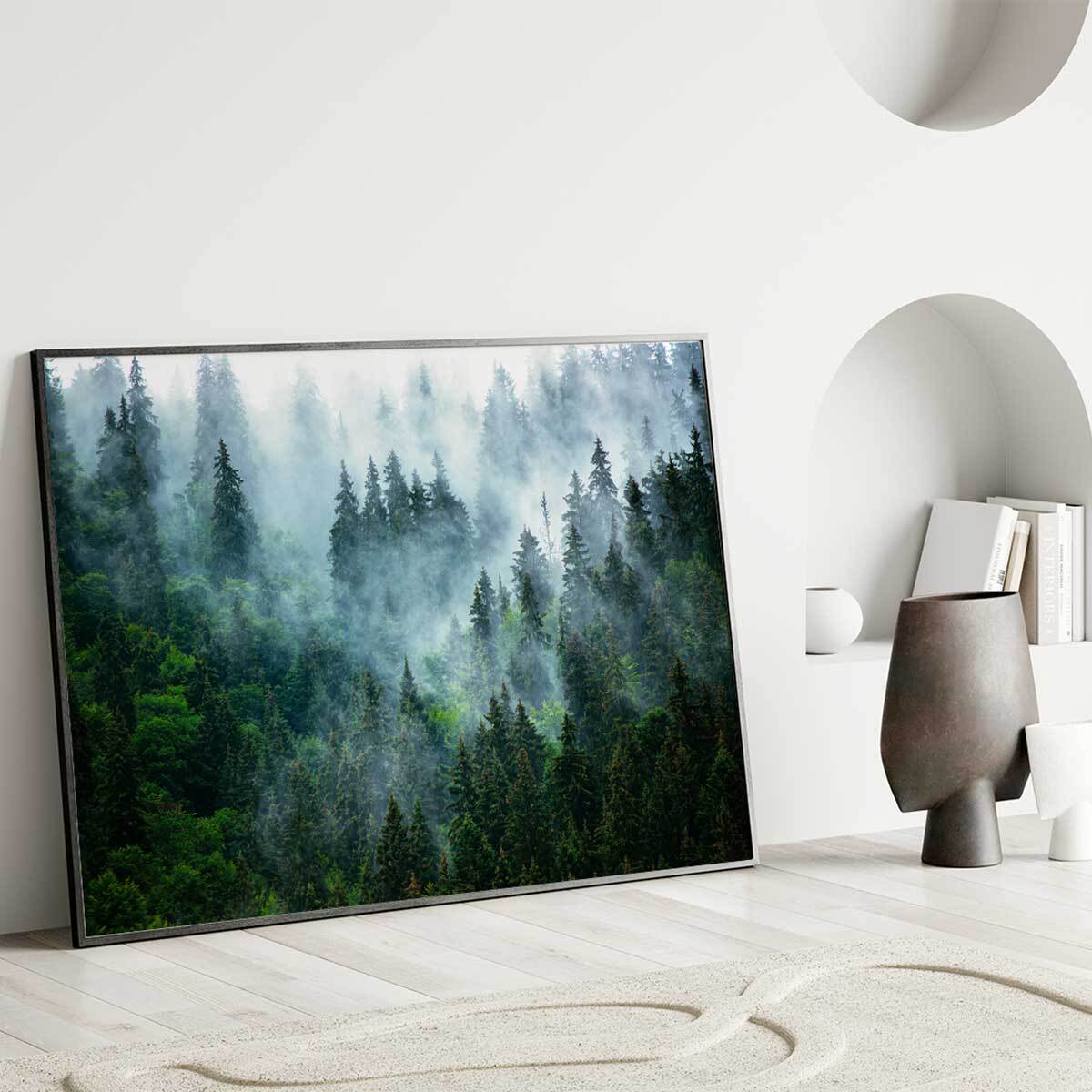 Affiche encadrée – Forêt de conifères dans la brume Affiche + cadre en métal - Noir