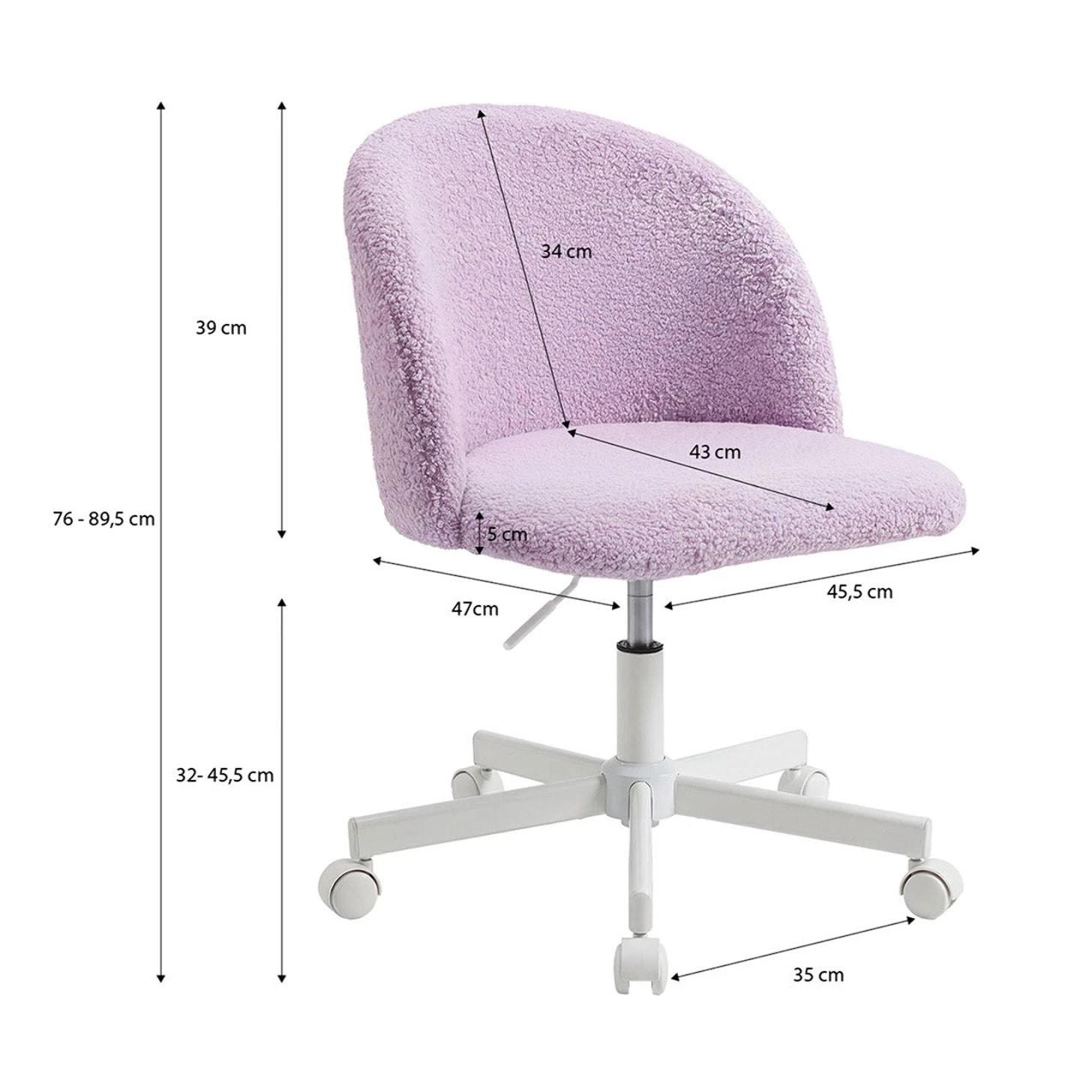 Silla de escritorio tapizada en borreguito lila claro 76-89,5 cm Candy Lila Claro