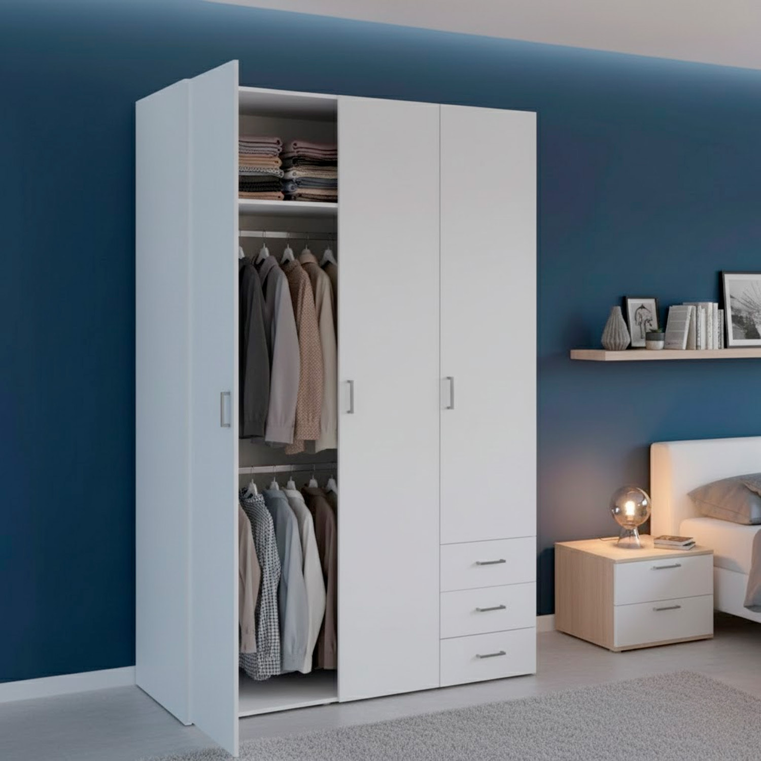 Armadio Con 3 Ante E 3 Cassetti Multiuso Per Abiti Indumenti Design Moderno Capiente Vano Appendiabiti Ripiani Interni 115.8 x 49.5 x 200.4 Cm Bianco