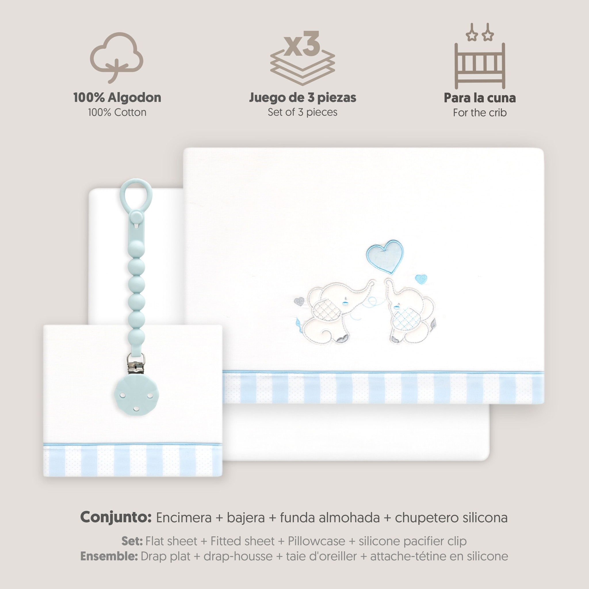 Triptico Cuna Parejita Elefante + Broche Bco/Azul