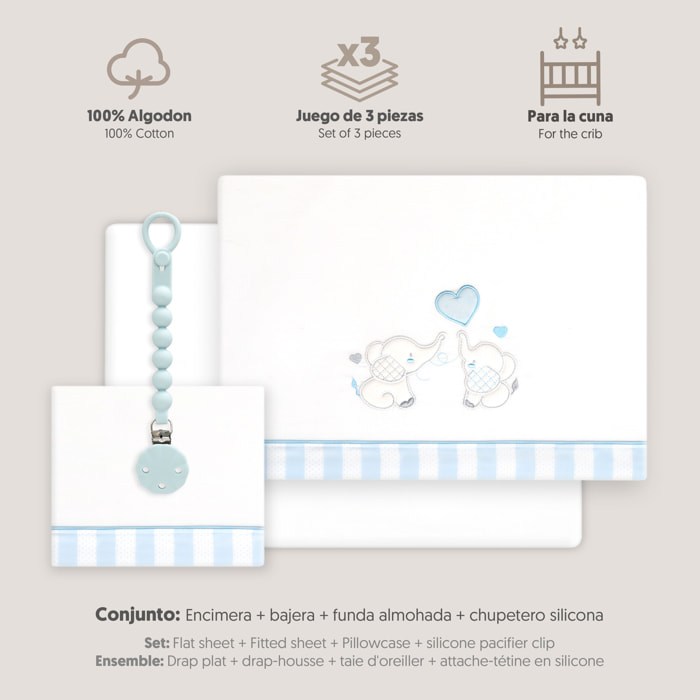 Triptico Cuna Parejita Elefante + Broche Bco/Azul