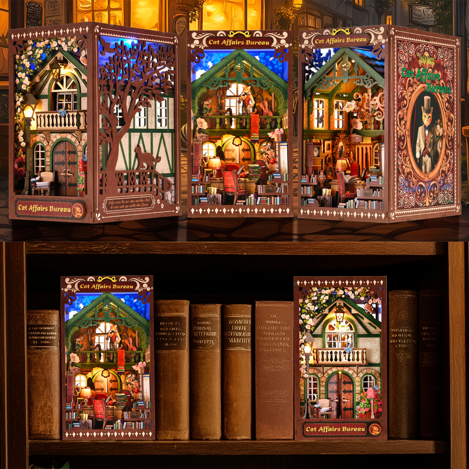 Oficina de Gatos. Book Nook de madera, diseño 3D realista con gran detalle, cubierta y luces led.