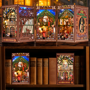 Oficina de Gatos. Book Nook de madera, diseño 3D realista con gran detalle, cubierta y luces led.