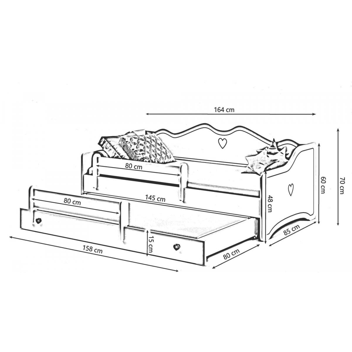 Letto singolo per bambini, Divano letto con secondo lettino estraibile, Lettino con decorazione con protezione anticaduta, cm 164x88h70, colore Bianco e Rosa