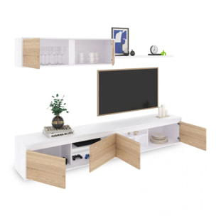 Salón con mueble de TV y estantería en blanco mate y roble canadian 200 cm Arlet Blanco Artik (Blanco Mate) - Roble Canadian