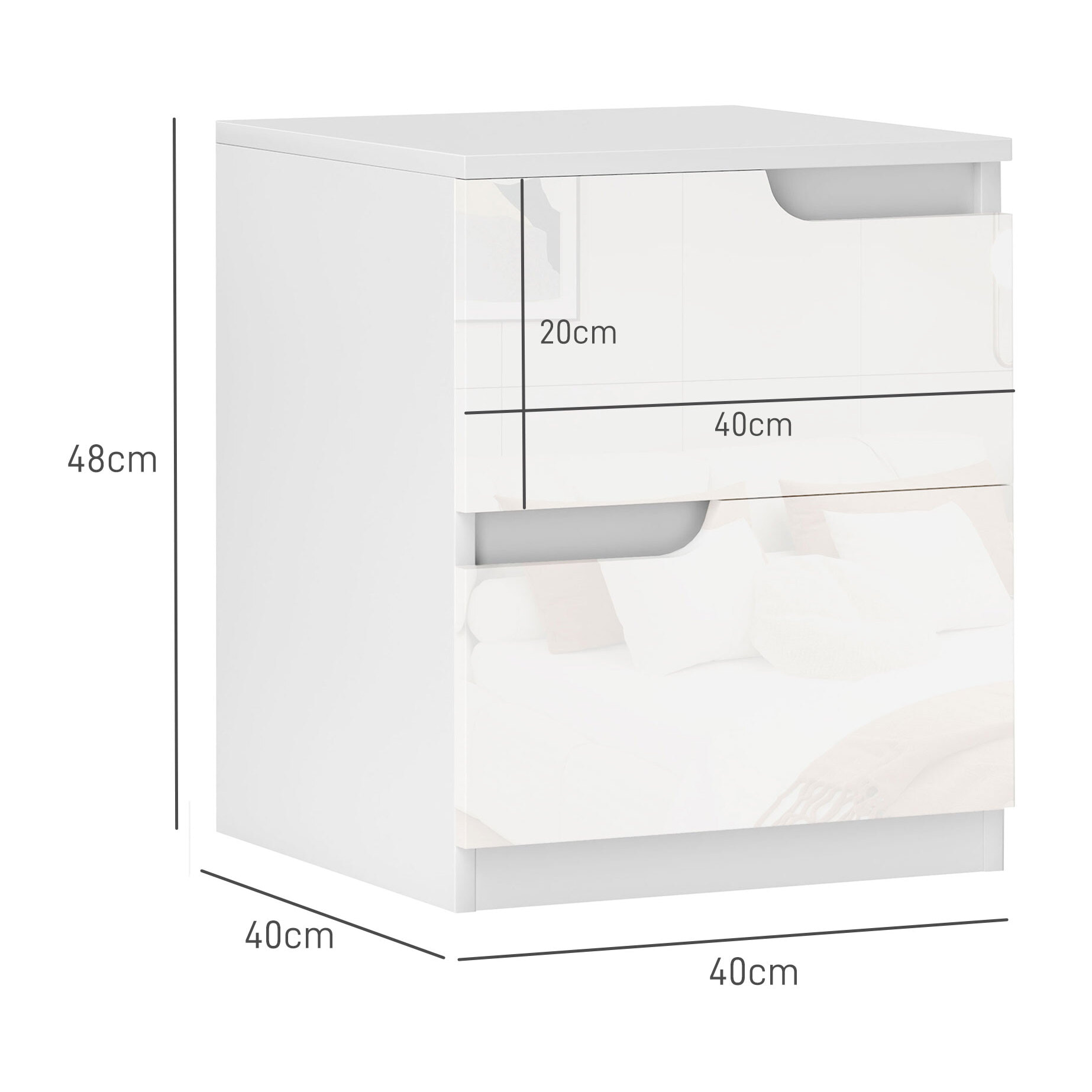 Mesita de Noche Moderna Mesilla de Noche con Cajones con Frontal Blanco Brillante y Almohadilla Mesa Auxiliar para Dormitorio Salón 40x40x48 cm Blanco