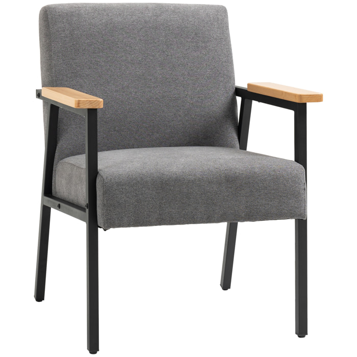 Fauteuil lounge style néo-rétro structure acier noir accoudoirs bois hévéa revêtement tissu aspect lin gris