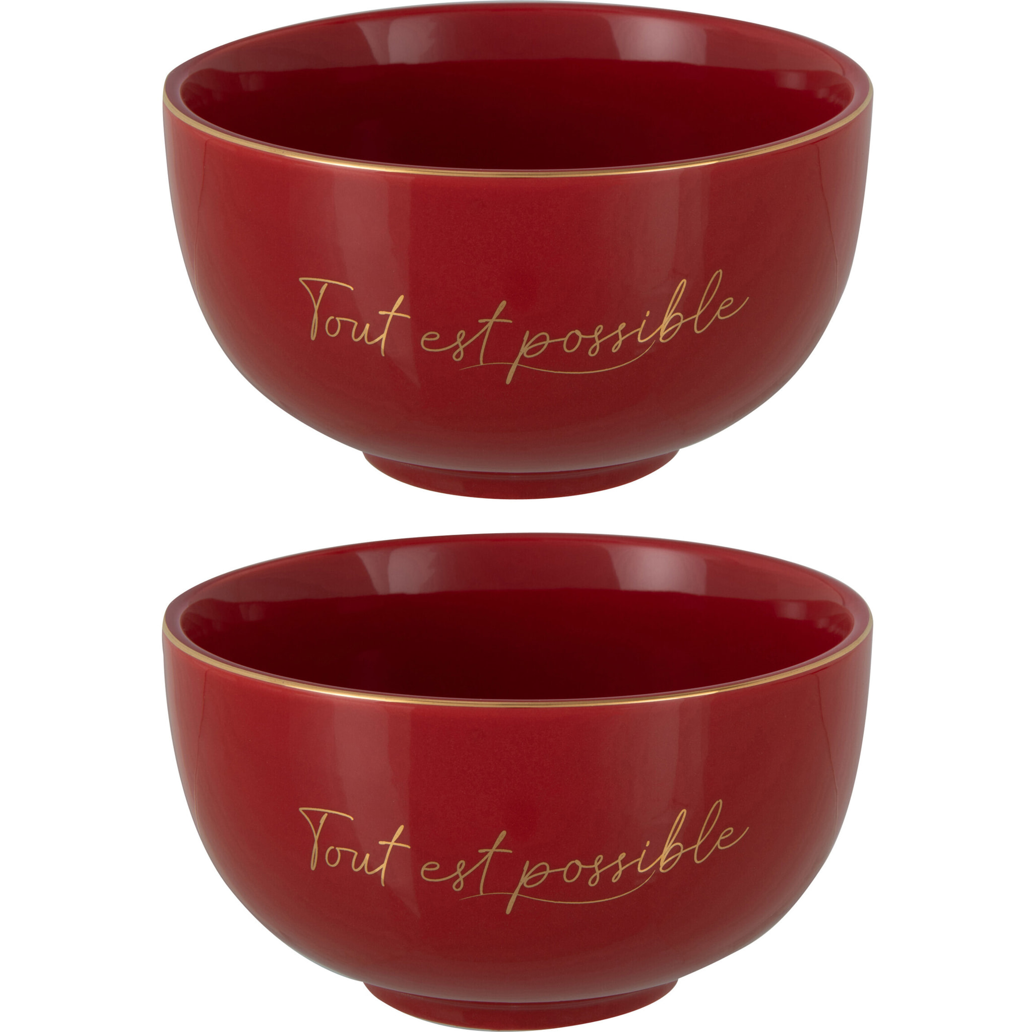 J-Line bol 'Tout Est Possible' - porcelaine - rouge et or - 2 pcs