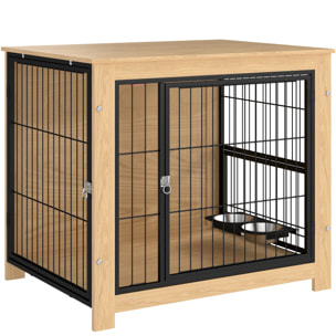 Jaula para Perros Mesa Auxiliar Moderna Casa para Mascotas con 2 Puertas Soporte Giratorio con 2 Tazones y Estructura de Acero para Perros Medianos 80x60x68 cm Roble