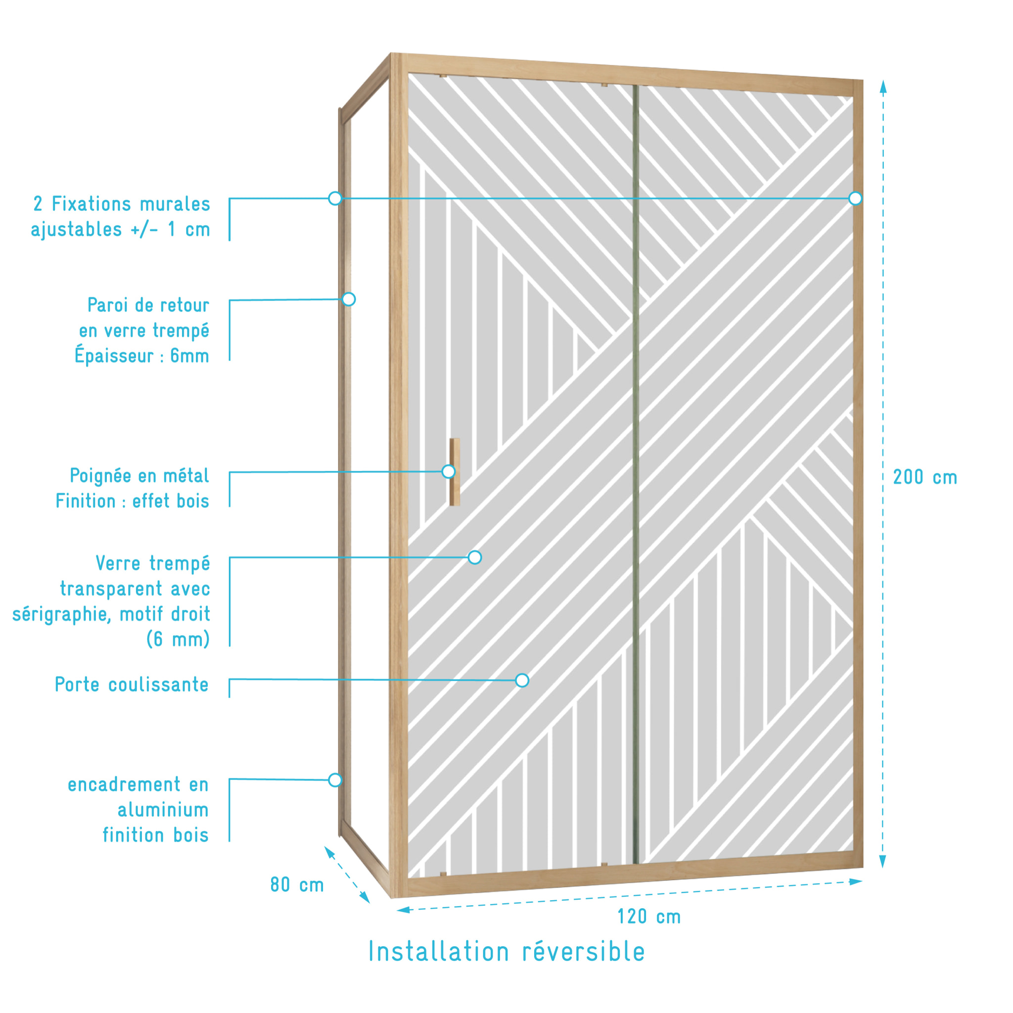 Porte de Douche Coulissante avec Retour 120x80x200cm Style Japandi Géométrique - Cadre Effet Bois