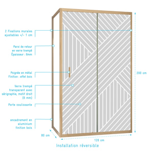 Porte de Douche Coulissante avec Retour 120x80x200cm Style Japandi Géométrique - Cadre Effet Bois