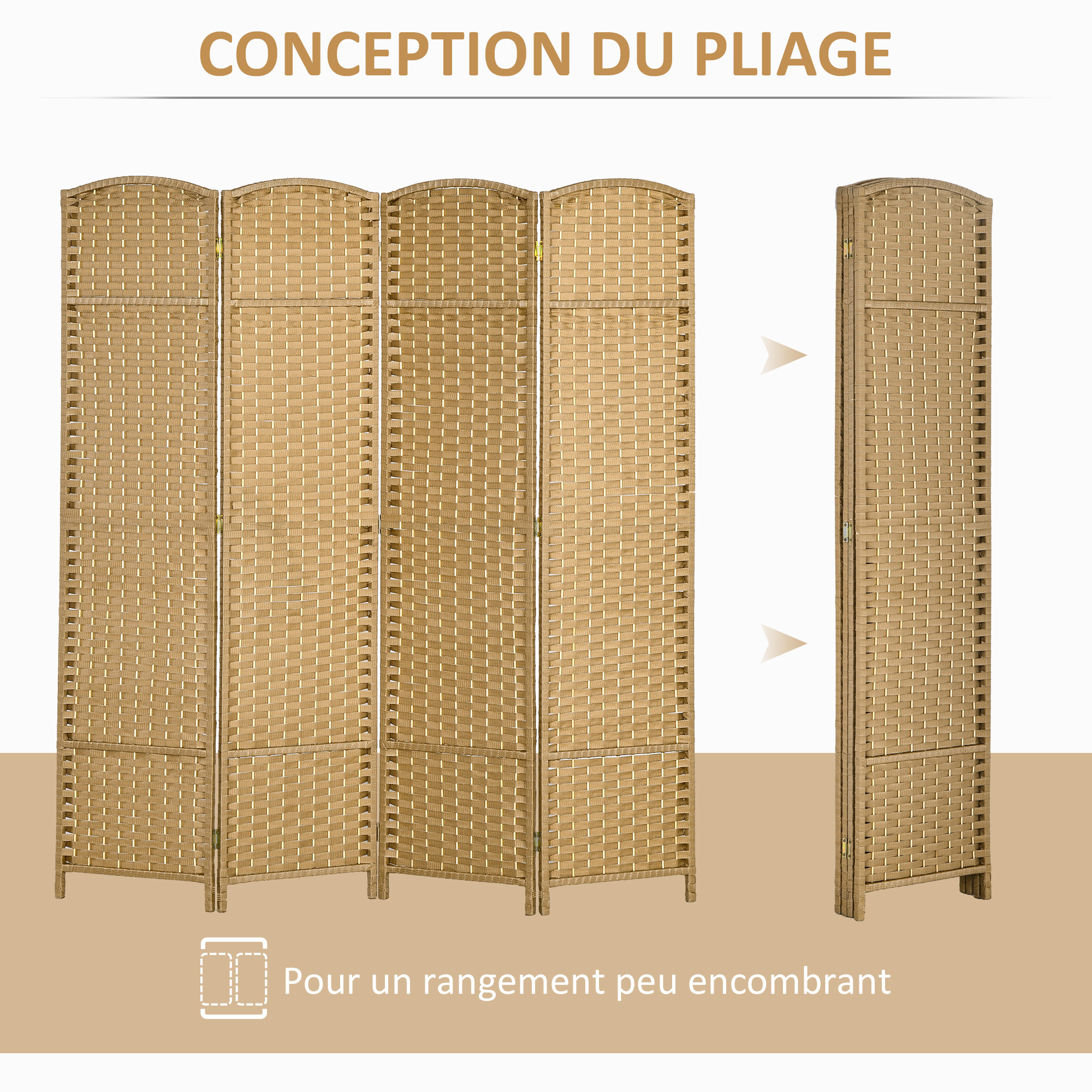 Paravent intérieur pliable 4 panneaux 160 x 170 cm - séparateur de pièce finition tressée - PP  bois pin beige