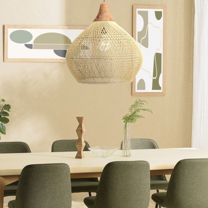 SIXTINE - Suspension 'cloche' 68x68cm rotin couleur naturelle et teck
