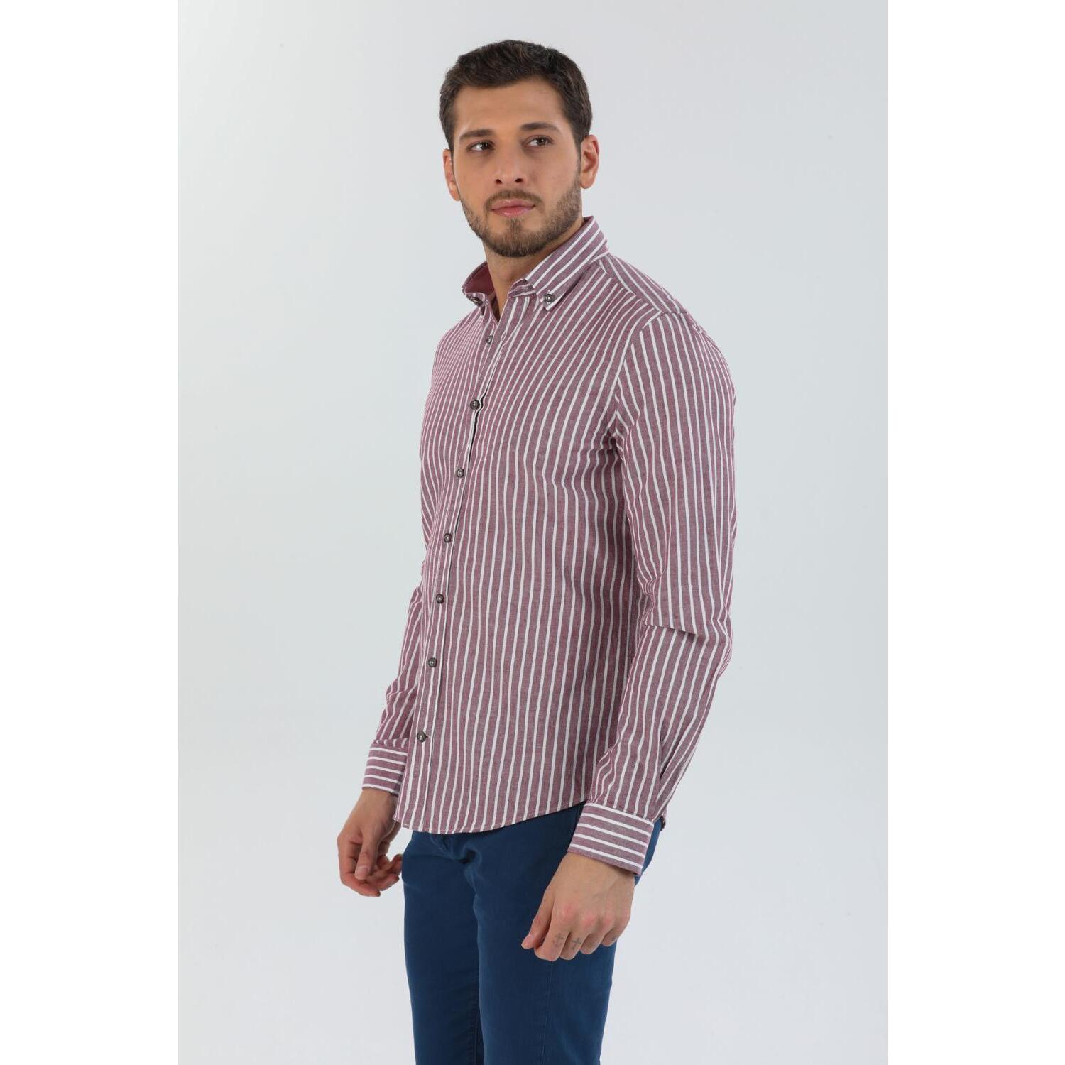 camicia uomo 1 bottone button down slim Lino Cotone Riga Media Bordeaux e Rosa