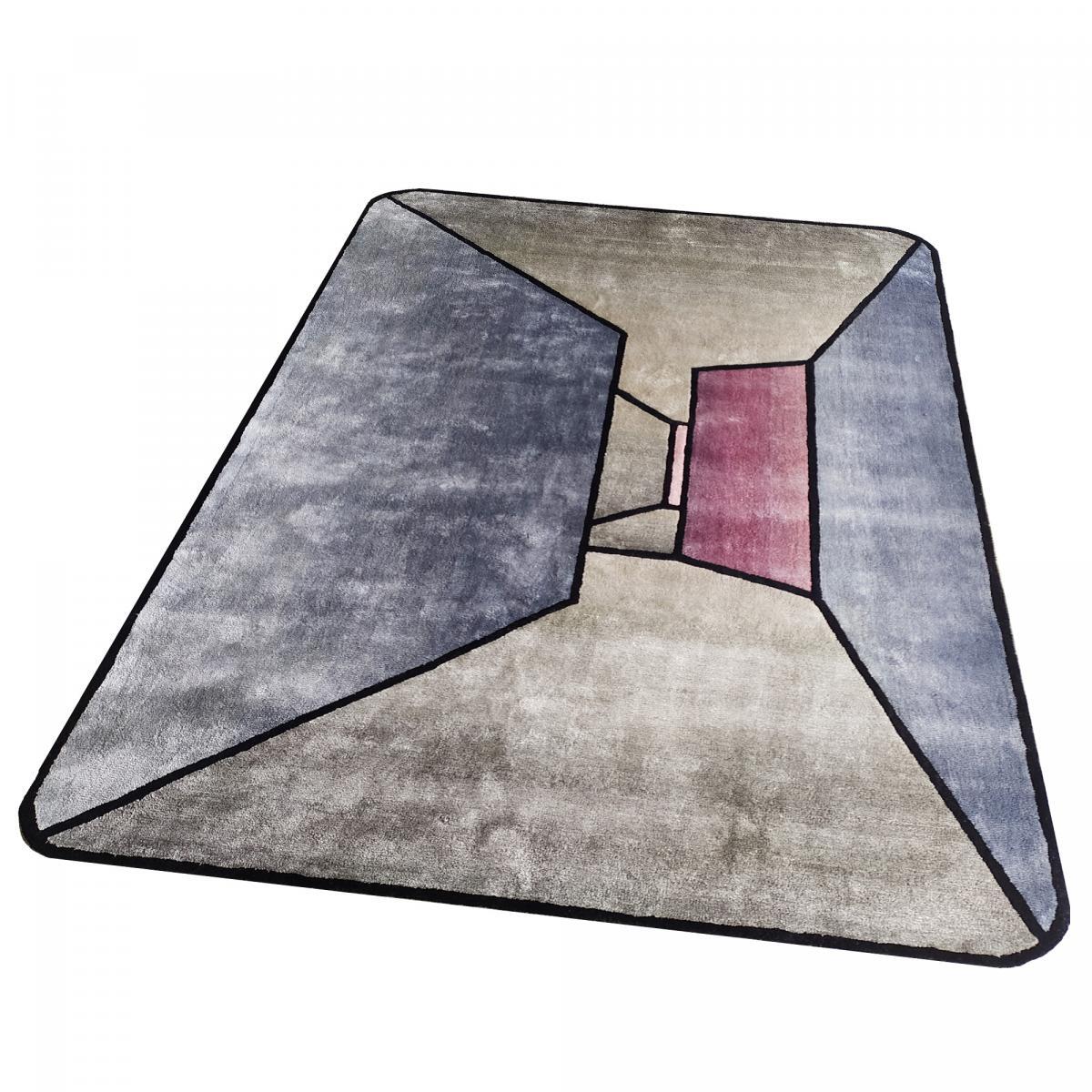 Tapis tufté main en laine et viscose, motif géométrique, tapis de haute qualité