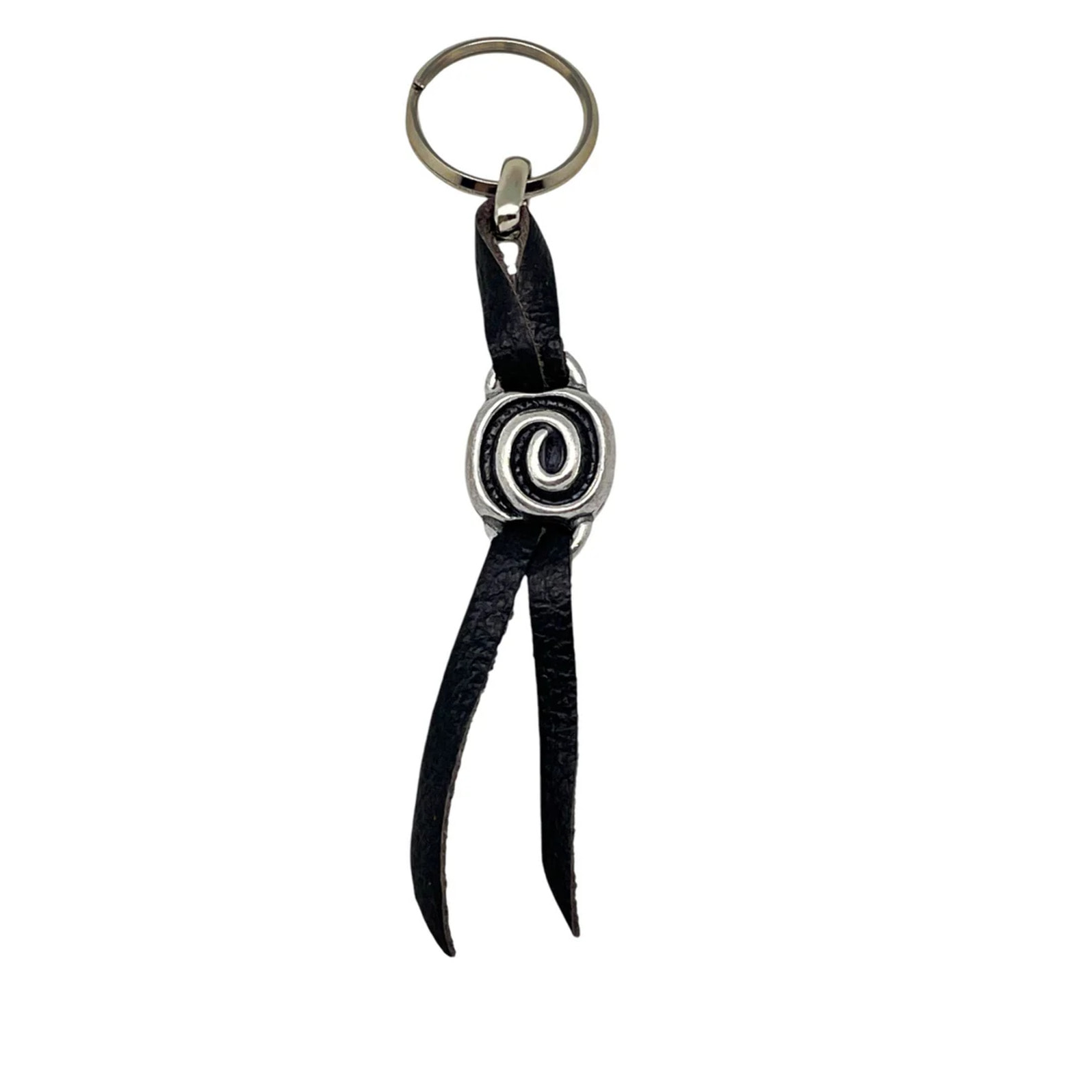 Llavero Espiral Negra en cuero y plata chapado