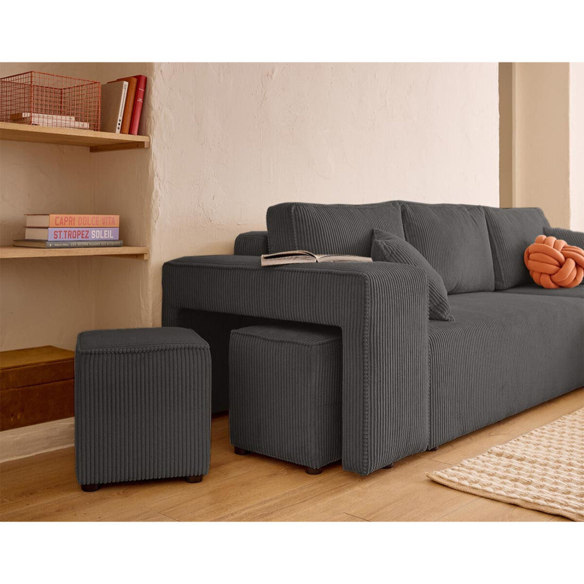 Topaze - canapé d'angle réversible 4 places - convertible avec coffre, tablette et poufs - en velours côtelé - Gris