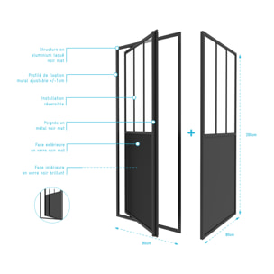 Pack Porte de Douche Pivotante et Retour 'Type Atelier' - Noir Mat - 80x80x200 cm
