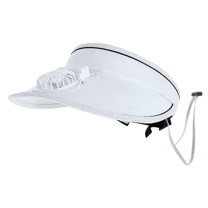 Visera con ventilador orientable de 3 velocidades y protección solar UPF50+. Incorpora batería recargable de 150 mAh, ajuste acolchado y elástico.