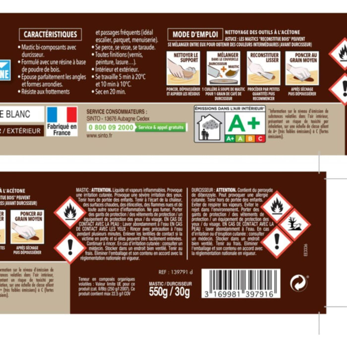 Mastic à bois avec durcisseur angles/gros trous blanc 500ml - SINTO - 139791