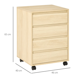 Cajonera de Oficina con 4 Cajones Cajonera de Escritorio con Ruedas Archivador Móvil para Estudio 46x40x65 cm Natural