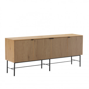 SCOTT - Buffet 4 portes décor effet bois rainuré noir et naturel