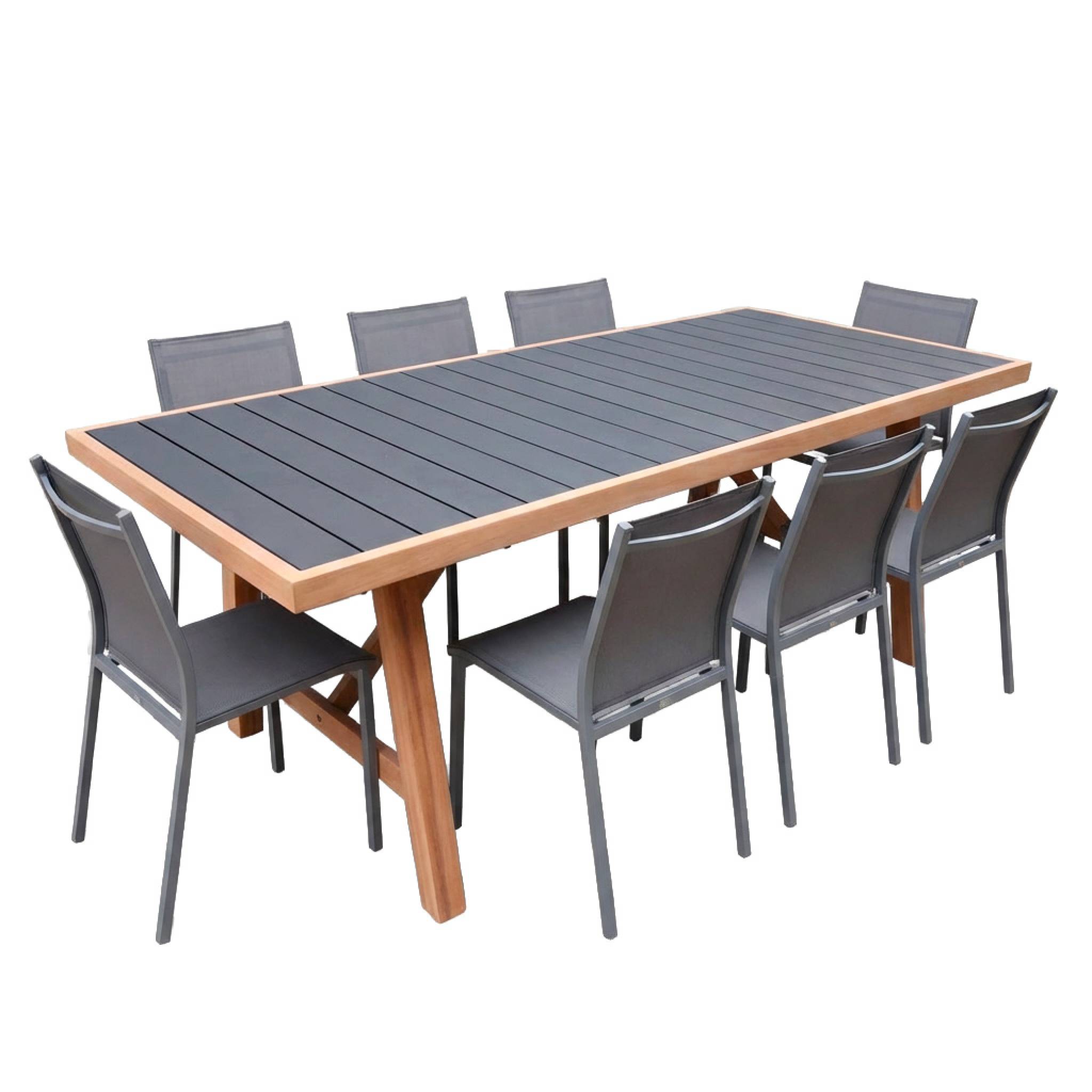 Table de jardin bois d'acacia et aluminium + 8 assises ELDORA + BUFFALO