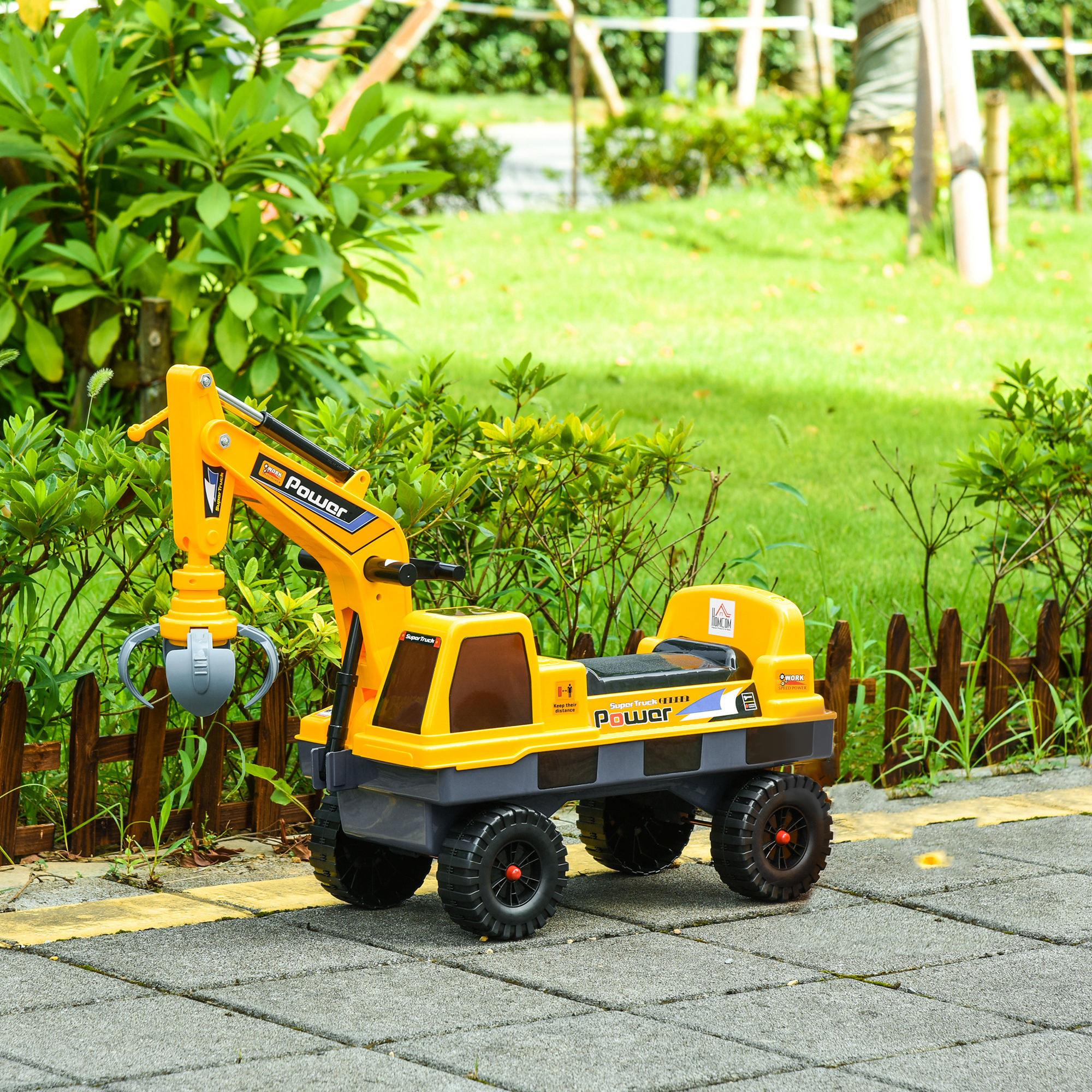 Tractor sin Pedales para Niños de 2-3 Años Excavadora Correpasillos con Pala Delantera Luces Música y Espacio de Alamcenaje Oculto 90x28x58 cm Amarillo