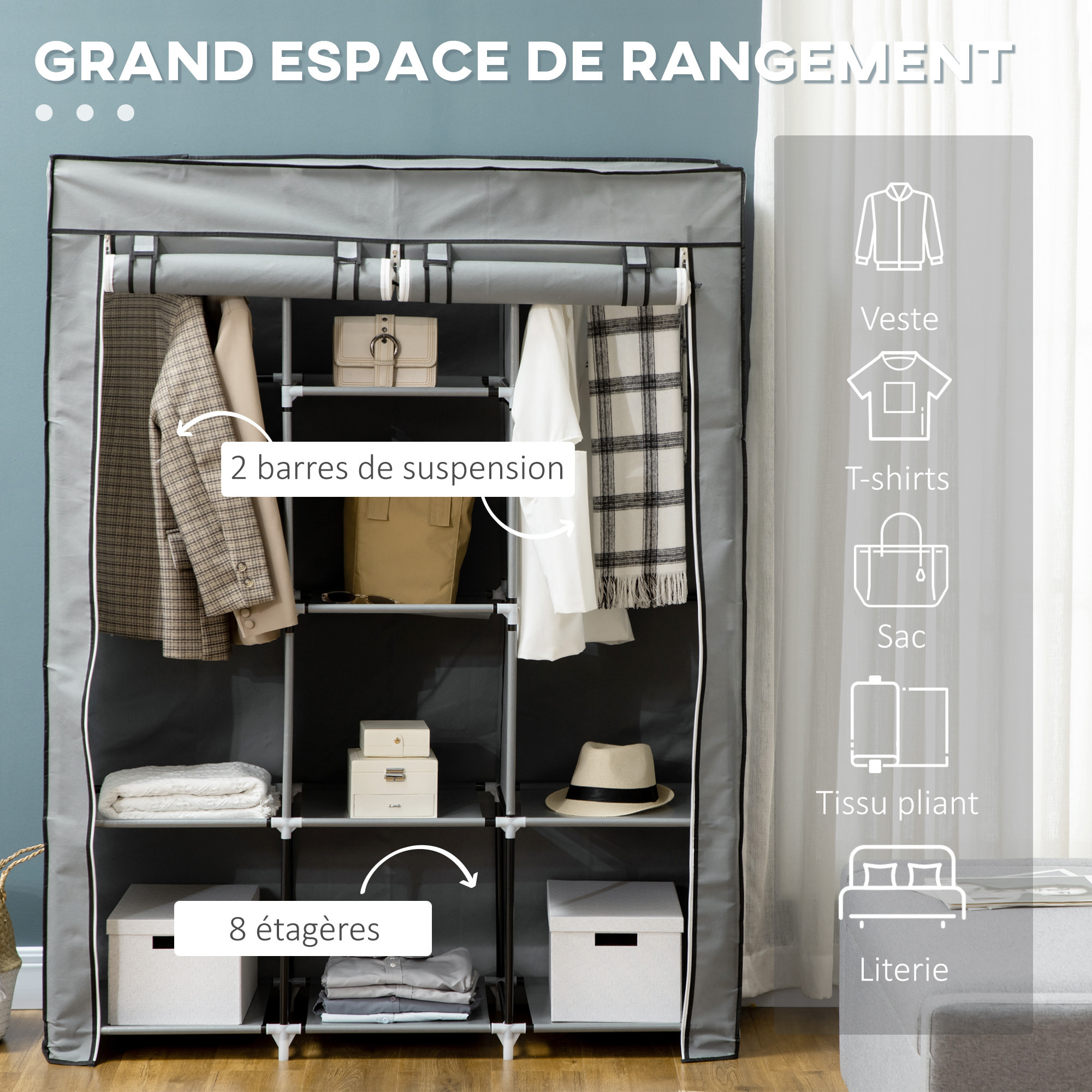 Armoire penderie multi-rangement - 8 étagères, 2 barres - dim. 125L x 43l x 162,5H cm - acier noir non tissé gris clair