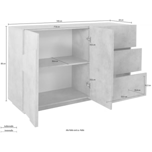 Credenza moderna a 2 ante e 3 cassetti, Made in Italy, Madia da cucina con dettaglio, Buffet di design da soggiorno, cm 143x44h86, colore Grigio Ardesia