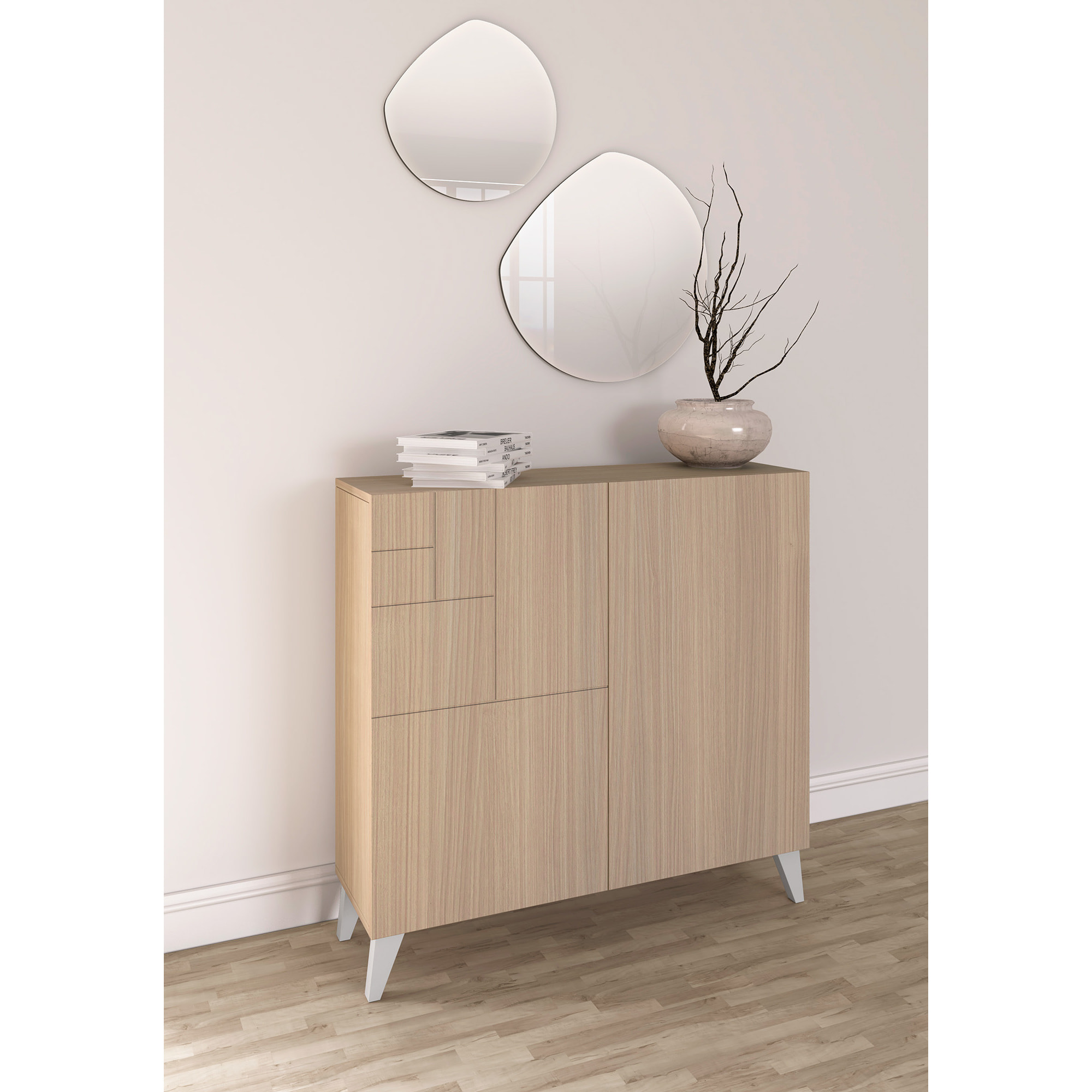 Zapatero Bergen melamina nogal claro patas blanco 87x90x27 cm