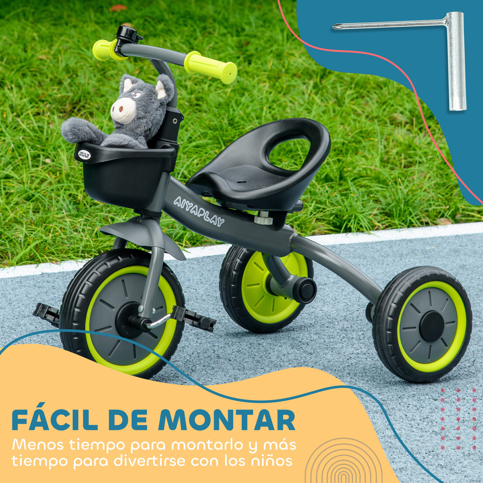 Triciclo para Niños de 2 a 5 Años Bicicleta Infantil con Asiento Ajustable Cesta Timbre Pedales y 3 Ruedas Carga 25 kg 70,5x53x58 cm Gris y Verde