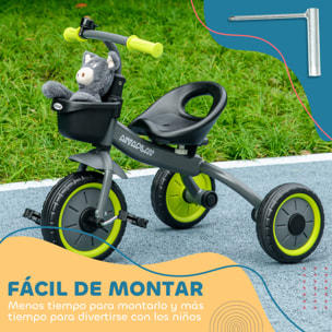 Triciclo para Niños de 2 a 5 Años Bicicleta Infantil con Asiento Ajustable Cesta Timbre Pedales y 3 Ruedas Carga 25 kg 70,5x53x58 cm Gris y Verde