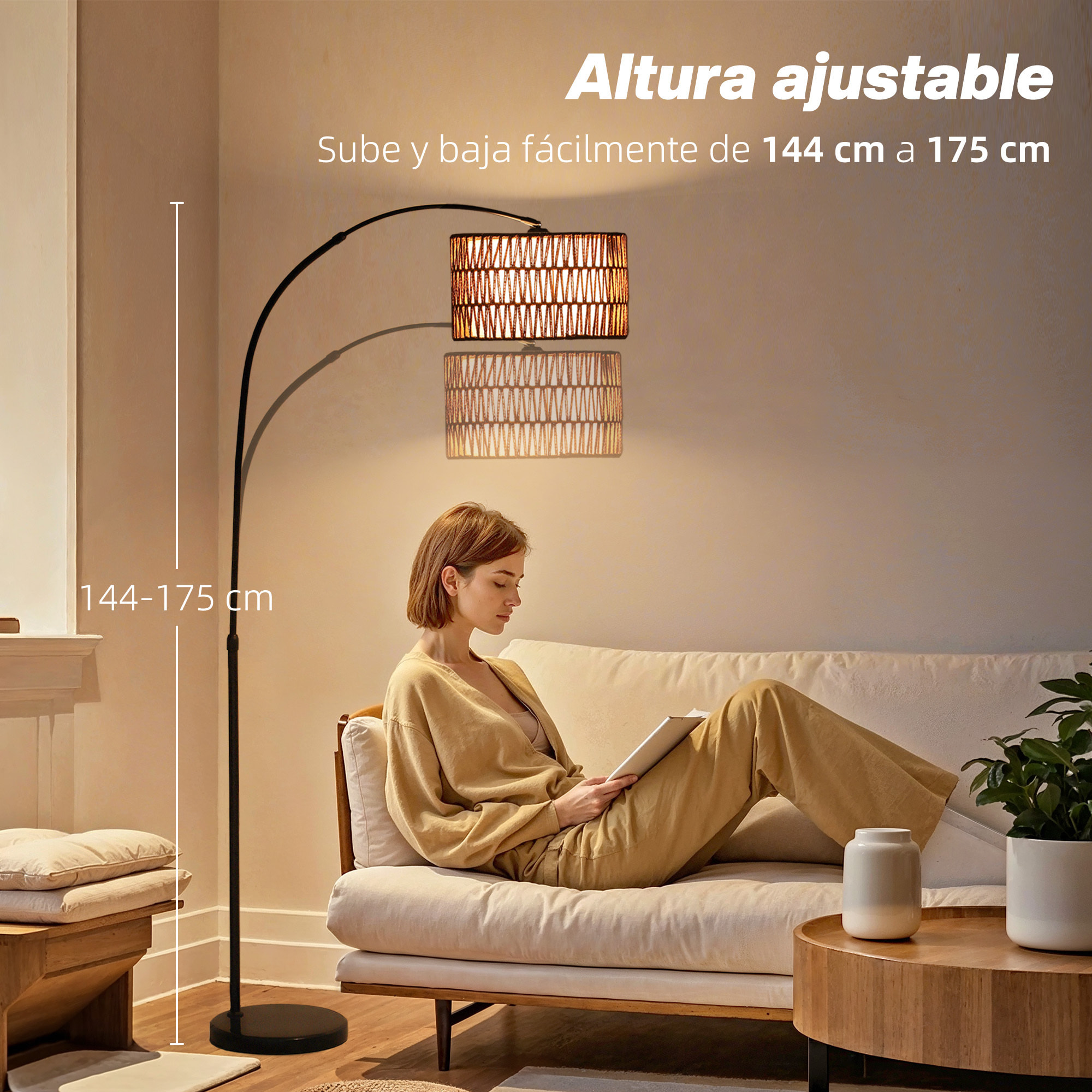 Lámpara de Pie de Arco Lámpara de Pie Salón con Altura Ajustable Pantalla de Yute Interruptor de Pie y Base de Mármol para Sala de Estar Oficina Dormitorio Negro y Marrón