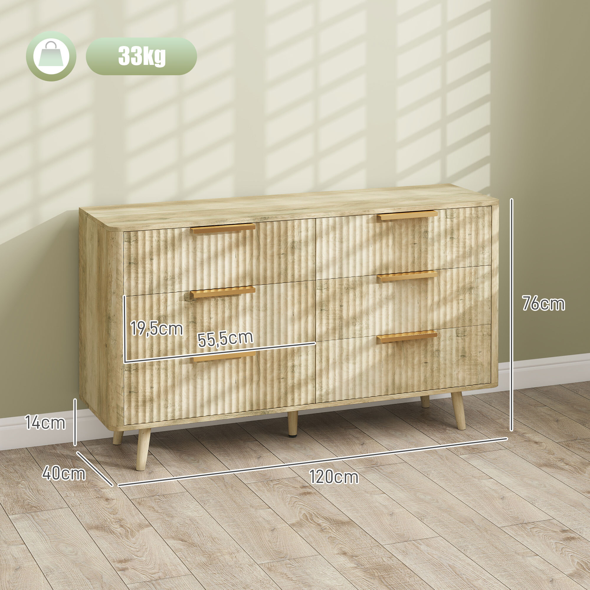 Commode 6 tiroirs effet bois façades cannelées poignées métal doré