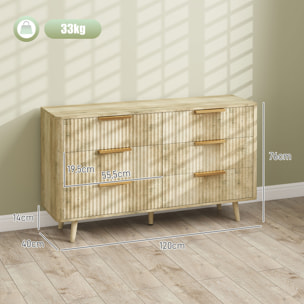 Commode 6 tiroirs effet bois façades cannelées poignées métal doré