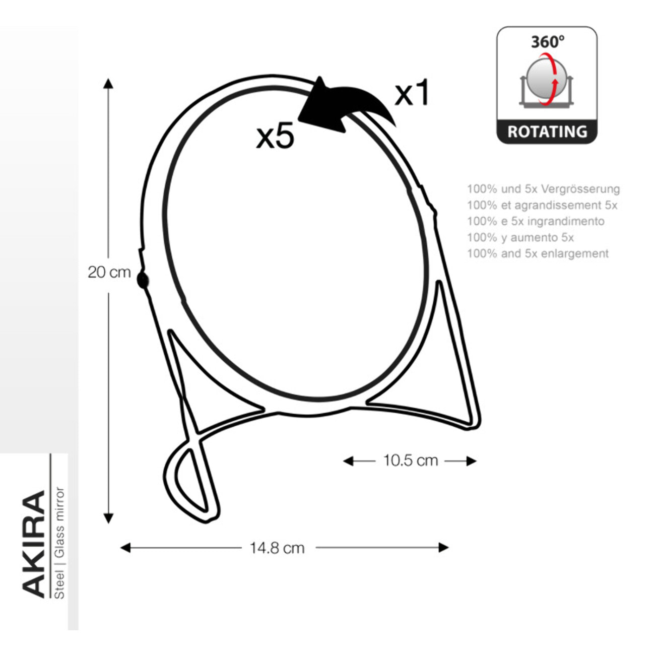 Miroir grossissant sur pied Acier AKIRA Pêche mat Spirella